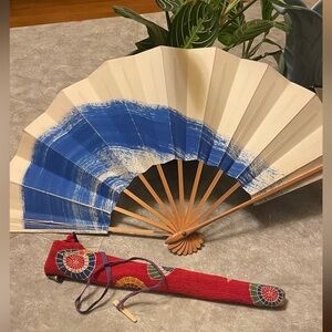 Vintage Odori Fan silk carrying case w bone closure Sensu folding umbrella